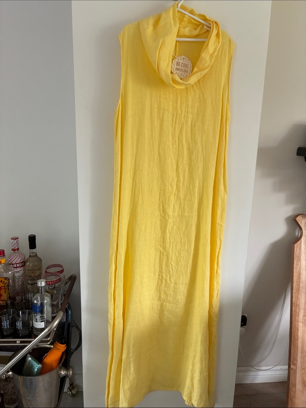 MADE IN ITALY 100% Linen Yellow Sleeveless Cowl-Neck Maxi Dress